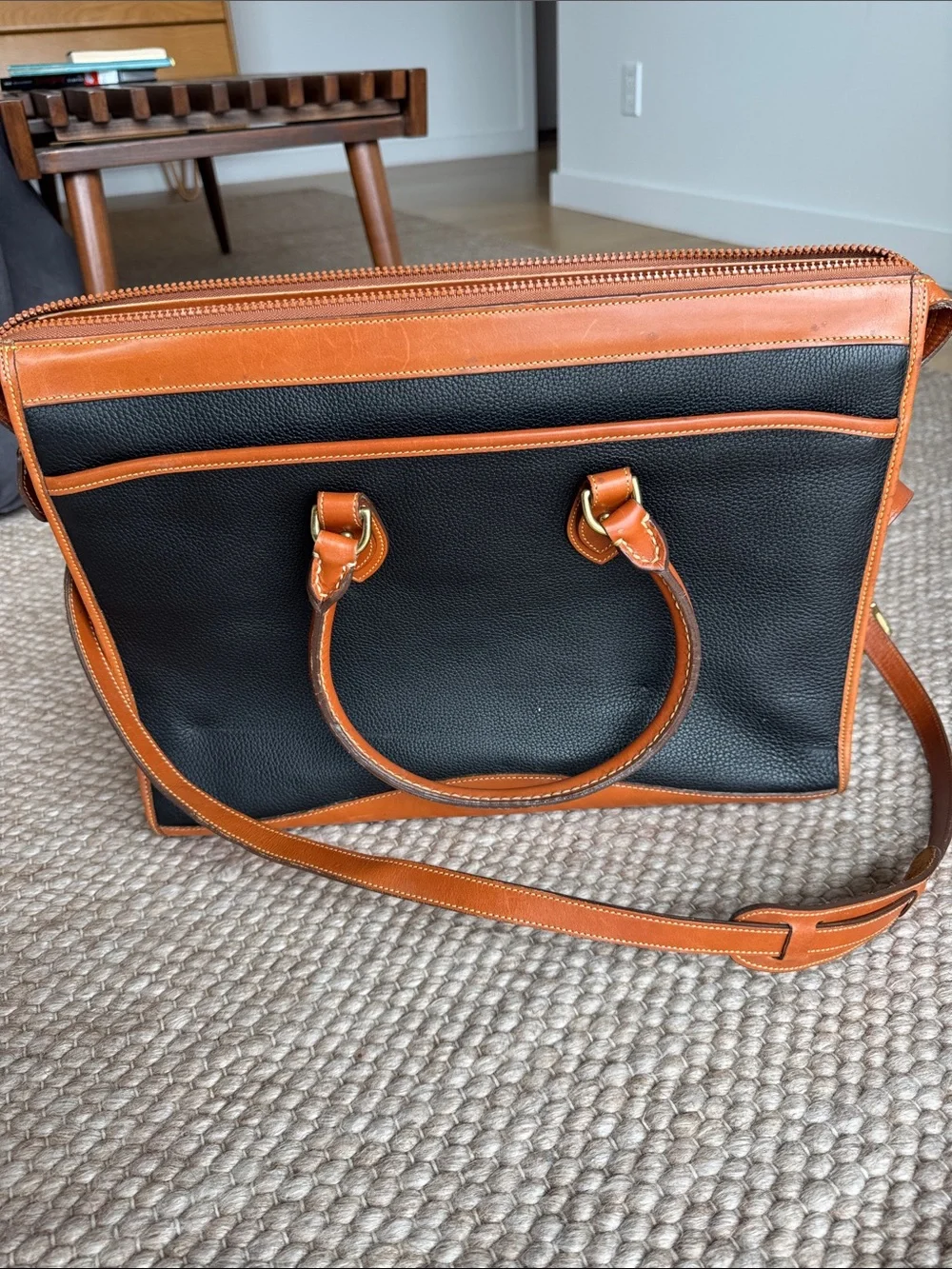 Dooney & Bourke Black Pebbled Leather Tote with Brown Trim